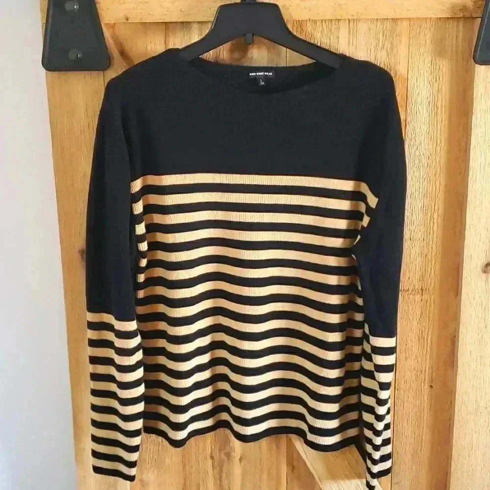Who What Wear Striped Long Sleeve Boat Neck Sweater Size L  Large Black Tan